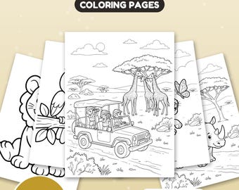 May include: A set of 30 Jungle & Safari coloring pages featuring black and white line art of animals and safari vehicles. The text reads Jungle & Safari, Coloring Pages, 30 Pages, US Letter + A4, and Instant download.
