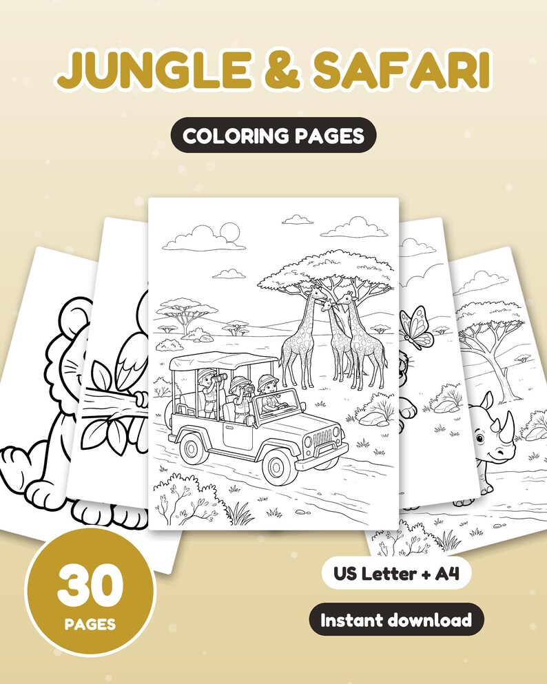 May include: A set of 30 Jungle & Safari colouring pages featuring black and white line art of animals and safari vehicles. The text reads Jungle & Safari, Colouring Pages, 30 Pages, US Letter + A4, and Instant download.