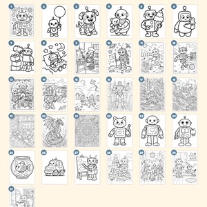 Puede incluir: Una colecci&oacute;n de 31 p&aacute;ginas para colorear en blanco y negro con varios personajes robots en diferentes entornos, incluyendo el espacio, una cocina y un jard&iacute;n. El texto Everything you get: 31 pages est&aacute; en la parte superior, con portada y p&aacute;gina final.