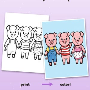 Puede incluir: Una p&aacute;gina para colorear con tres cerditos de dibujos animados tomados de la mano, en versi&oacute;n de l&iacute;neas en blanco y negro y a color. El texto dice Color it your way!, print, color! y Example colored with AI, for inspiration.