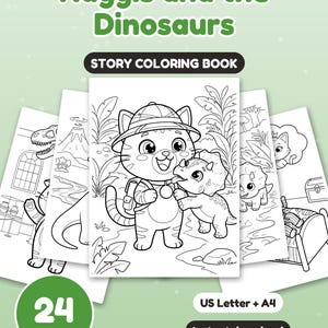 Puede incluir: Un libro para colorear titulado Nuggis and the Dinosaurs con 24 páginas de ilustraciones en blanco y negro. La portada muestra un gato de dibujos animados con sombrero de safari y un dinosaurio. Incluye formatos US Letter y A4.