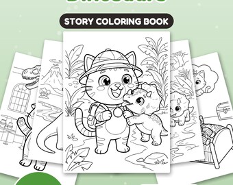 May include: A coloring book titled Nuggis and the Dinosaurs featuring 24 pages of black and white line art illustrations. The cover shows a cartoon cat in a safari hat with a small dinosaur. Includes US Letter and A4 size options.
