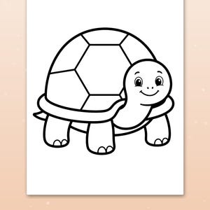 May include: A black and white line art drawing of a turtle with a smiling face and a patterned shell. The illustration features thick, bold lines and is presented on a rectangular page with the text "Thick, bold lines" at the bottom.