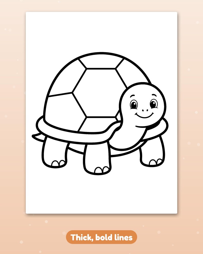 May include: A black and white line art drawing of a turtle with a smiling face and a patterned shell. The illustration features thick, bold lines and is presented on a rectangular page with the text "Thick, bold lines" at the bottom.