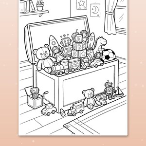 May include: A black and white coloring page illustration featuring a large open toy chest overflowing with various toys including a teddy bear, robot, train, rocket, and alphabet blocks, with additional toys scattered on the floor.