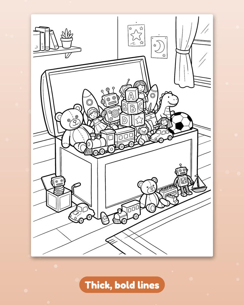 May include: A black and white coloring page illustration featuring a large open toy chest overflowing with various toys including a teddy bear, robot, train, rocket, and alphabet blocks, with additional toys scattered on the floor.