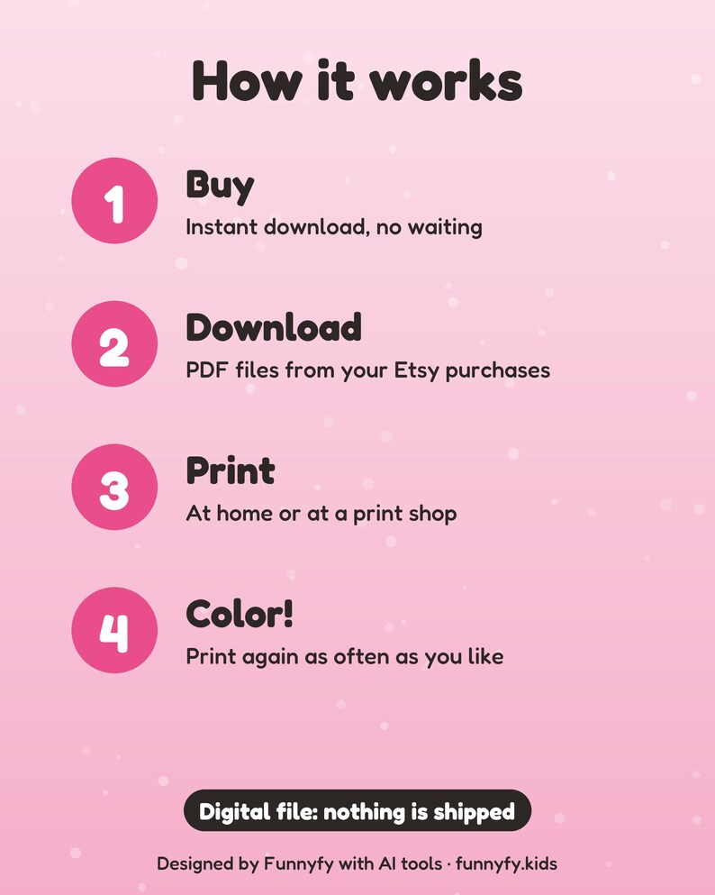 May include: A pink instructional graphic titled How it works with four numbered steps: 1 Buy, 2 Download, 3 Print, and 4 Color. Each step includes brief text instructions. A black oval at the bottom states Digital file: nothing is shipped.