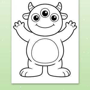 May include: A black and white colouring page featuring a cartoon monster with three eyes, two horns, and a round belly. The monster has its arms raised in a cheerful pose. The design is outlined with thick, bold lines on a white background.