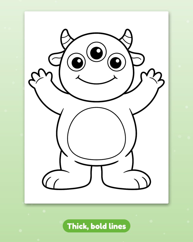 May include: A black and white colouring page featuring a cartoon monster with three eyes, two horns, and a round belly. The monster has its arms raised in a cheerful pose. The design is outlined with thick, bold lines on a white background.