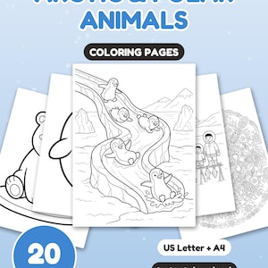 May include: A set of 20 Arctic and Polar Animals coloring pages featuring black and white line art. The central page shows penguins sliding down an icy slope. Other pages display a polar bear, people in winter gear, and animal patterns.