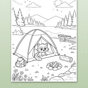 May include: A black and white coloring page featuring a raccoon sitting inside a tent at a campsite. The scene includes a backpack, a campfire, a log, a lake, a boat at a dock, mountains, trees, and the sun. Text at the bottom reads: Big spaces for little hands.