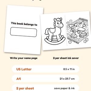 May include: A digital coloring book page set featuring a 'This book belongs to' name plate, a rocking horse, and a toy airplane scene. The layout includes US Letter 8.5 x 11 in and A4 21 x 29.7 cm formats, with a 2 per sheet ink saver option.