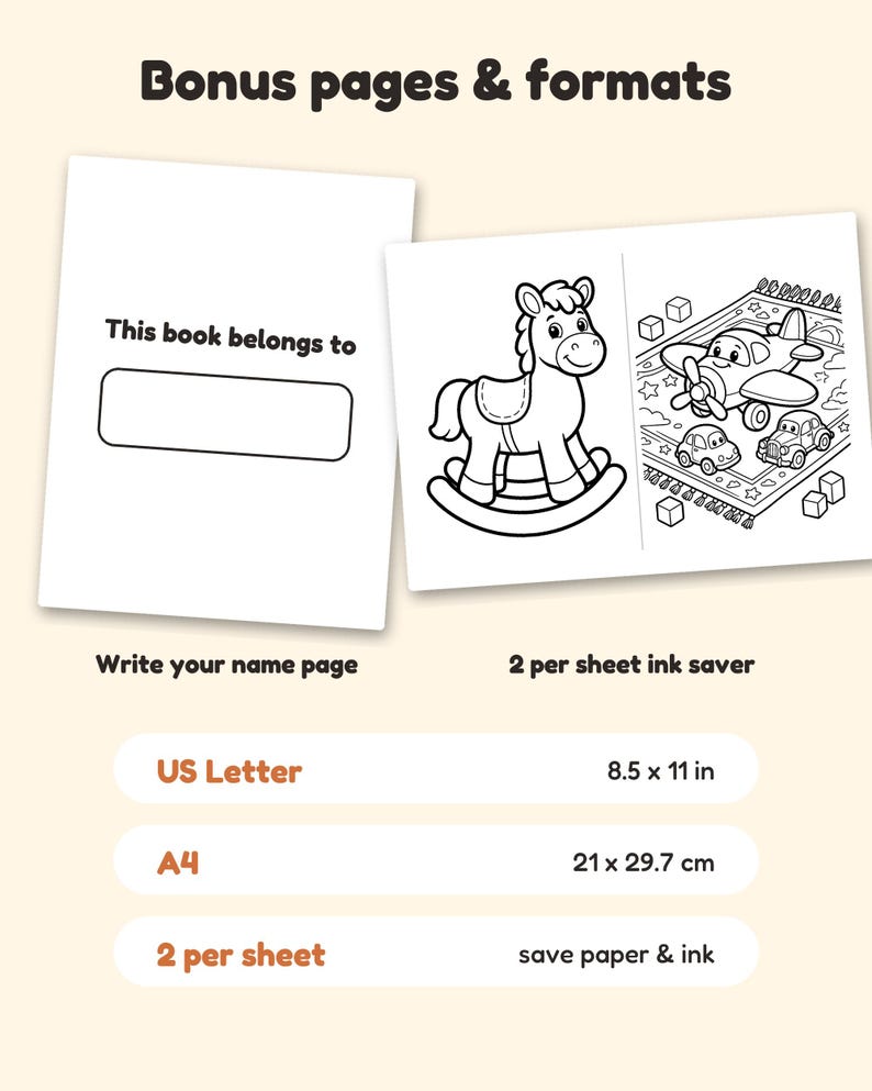 May include: A digital coloring book page set featuring a 'This book belongs to' name plate, a rocking horse, and a toy airplane scene. The layout includes US Letter 8.5 x 11 in and A4 21 x 29.7 cm formats, with a 2 per sheet ink saver option.