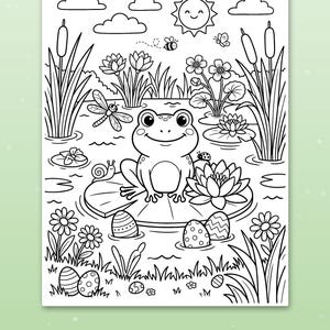 May include: A black and white coloring page featuring a frog sitting on a lily pad in a pond. The scene includes water lilies, cattails, a snail, a dragonfly, a ladybug, a bee, a butterfly, a smiling sun, clouds, and decorated Easter eggs.