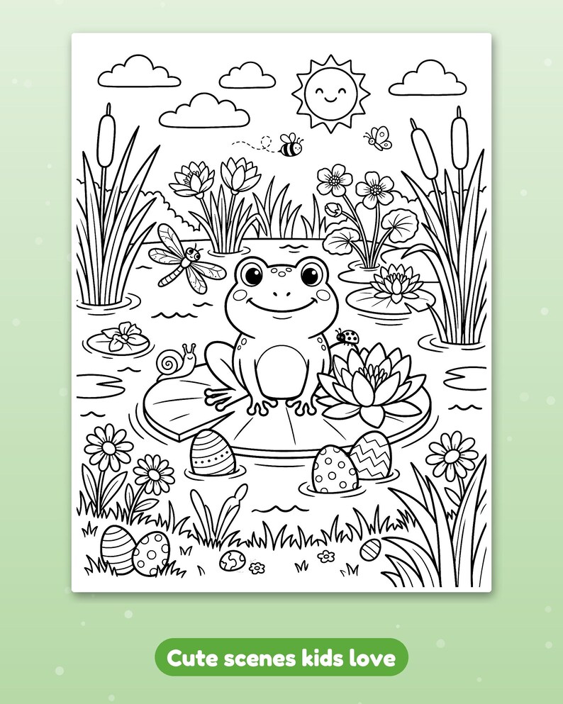 May include: A black and white coloring page featuring a frog sitting on a lily pad in a pond. The scene includes water lilies, cattails, a snail, a dragonfly, a ladybug, a bee, a butterfly, a smiling sun, clouds, and decorated Easter eggs.