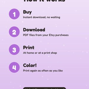 May include: A light purple instructional graphic titled How it works, listing four steps: 1 Buy, 2 Download PDF files from your Etsy purchases, 3 Print at home or at a print shop, and 4 Color. Includes a note: Digital file: nothing is shipped.