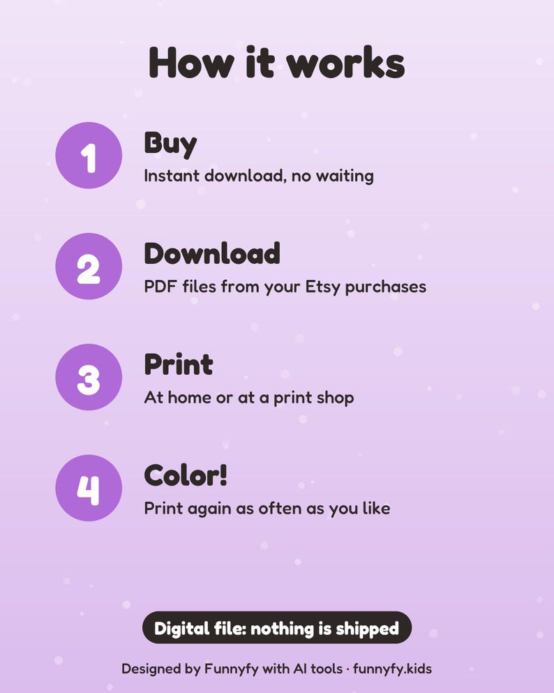 May include: A light purple instructional graphic titled How it works, listing four steps: 1 Buy, 2 Download PDF files from your Etsy purchases, 3 Print at home or at a print shop, and 4 Color. Includes a note: Digital file: nothing is shipped.