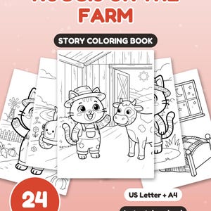 Puede incluir: Un libro para colorear titulado NUGGIS ON THE FARM con 24 páginas de ilustraciones en blanco y negro. La portada muestra un gato con overol y sombrero junto a una vaca en un granero. Incluye formatos US Letter y A4 para descarga inmediata.