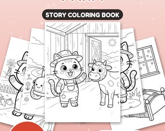 May include: A story coloring book titled NUGGIS ON THE FARM featuring 24 pages of black and white line art illustrations. The cover displays a cat wearing overalls and a hat standing next to a cow in a barn. Includes US Letter and A4 formats.