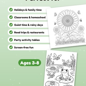May include: A colouring page set featuring two black and white illustrations: one with a large sunflower, bees, and butterflies, and another with a frog on a lily pad, dragonflies, and cattails. Text includes Perfect for, Ages 3-8, and a list.