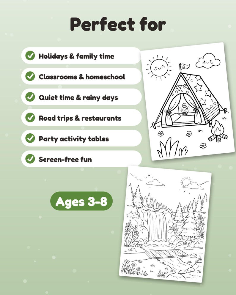May include: A digital flyer titled Perfect for with a list of uses including Holidays & family time, Classrooms & homeschool, Quiet time & rainy days, Road trips & restaurants, Party activity tables, Screen-free fun, and Ages 3-8.