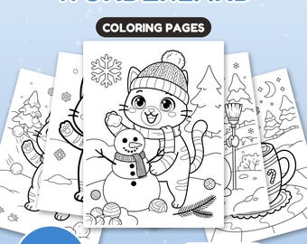 Puede incluir: Un conjunto de 30 páginas para colorear Winter Wonderland con dibujos en blanco y negro de un gato con gorro y bufanda construyendo un muñeco de nieve, pinos, copos de nieve y una taza, en formato US Letter y A4.