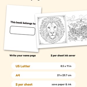 May include: A digital colouring book set featuring a name page with the text This book belongs to and a sheet with a lion portrait and a pirate ship scene. The set includes US Letter 8.5 x 11 in and A4 21 x 29.7 cm formats for printing.