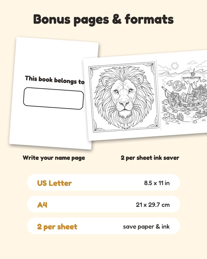 May include: A digital colouring book set featuring a name page with the text This book belongs to and a sheet with a lion portrait and a pirate ship scene. The set includes US Letter 8.5 x 11 in and A4 21 x 29.7 cm formats for printing.