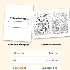 May include: A coloring book page with the text 'This book belongs to' and a blank rectangle, alongside a sheet featuring two illustrations: a cat with a rake in leaves and a hedgehog in a forest. Text labels include 'US Letter 8.5 x 11 in'.