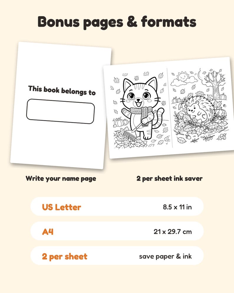 May include: A coloring book page with the text 'This book belongs to' and a blank rectangle, alongside a sheet featuring two illustrations: a cat with a rake in leaves and a hedgehog in a forest. Text labels include 'US Letter 8.5 x 11 in'.