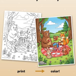 May include: A coloring page set featuring a black and white line art illustration and a full-color version of forest animals having a picnic. The text reads Color it your way! print color! Example colored with AI, for inspiration (pages come in black & white).