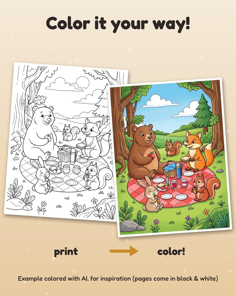 May include: A coloring page set featuring a black and white line art illustration and a full-color version of forest animals having a picnic. The text reads Color it your way! print color! Example colored with AI, for inspiration (pages come in black & white).