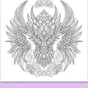 May include: A black and white coloring page featuring a detailed dragon head with large wings, intricate scale patterns, and Celtic knotwork accents. Below the illustration, the text reads: Cute scenes kids love.
