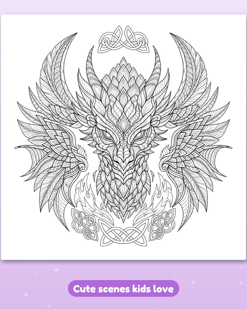 May include: A black and white coloring page featuring a detailed dragon head with large wings, intricate scale patterns, and Celtic knotwork accents. Below the illustration, the text reads: Cute scenes kids love.