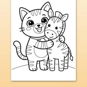 May include: A black and white coloring page featuring a cartoon cat with stripes hugging a small zebra. The cat has large eyes and a smiling expression, while the zebra has distinct stripes and a gentle smile. Below the illustration is the text Learn a new word.