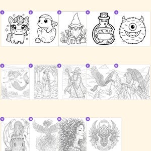 Peut inclure: Un ensemble de 14 pages de coloriage en noir et blanc pr&eacute;sentant des illustrations fantastiques dont une licorne, un dragon, un gnome, une fiole, un monstre, une sir&egrave;ne, un archer, un magicien, un p&eacute;gase, un griffon, un dragon et un ph&eacute;nix.