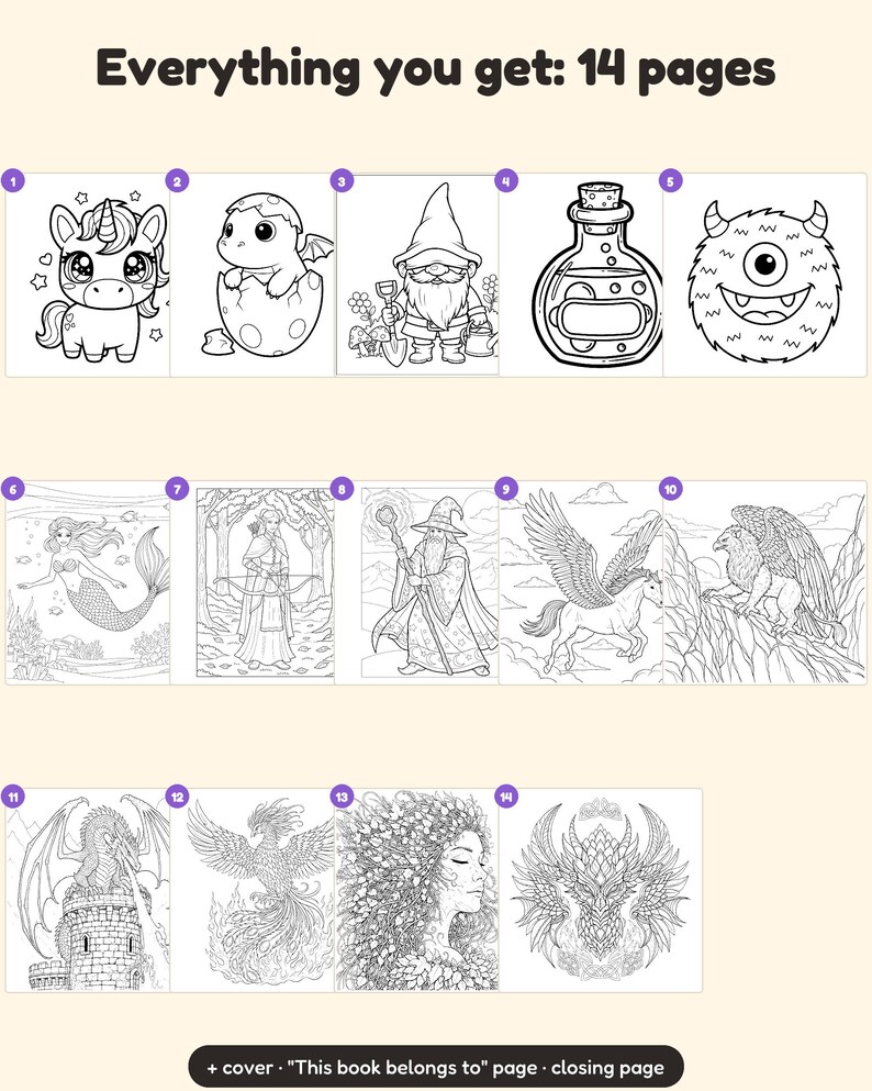Peut inclure: Un ensemble de 14 pages de coloriage en noir et blanc pr&eacute;sentant des illustrations fantastiques dont une licorne, un dragon, un gnome, une fiole, un monstre, une sir&egrave;ne, un archer, un magicien, un p&eacute;gase, un griffon, un dragon et un ph&eacute;nix.