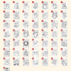 May include: A collection of 50 black and white coloring pages featuring Christmas-themed illustrations of cats, snowmen, reindeer, and holiday decorations, labeled with numbers 1 through 50, plus a cover, a belongs to page, and a closing page.