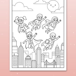 May include: A black and white colouring page featuring five diverse superheroes flying over a city skyline with clouds and a smiling sun. The bottom of the page includes the text Big spaces for little hands in a red rectangular banner.