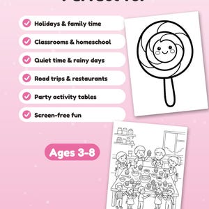 May include: A printable coloring activity sheet featuring a black and white line drawing of a smiling lollipop and a group of children decorating cupcakes in a kitchen. The text includes "Perfect for" and "Ages 3-8" with a list of uses.