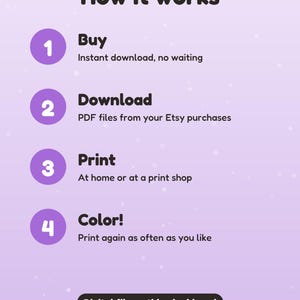 May include: A light purple instructional graphic titled How it works with four numbered steps: 1 Buy, 2 Download PDF files, 3 Print at home or a shop, and 4 Color. Includes a black button stating Digital file: nothing is shipped at the bottom.