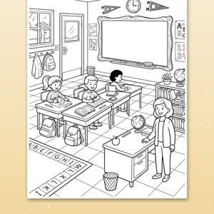 Puede incluir: Una ilustraci&oacute;n de p&aacute;gina para colorear en blanco y negro de un aula con un profesor junto a un escritorio, estudiantes en sus pupitres, una pizarra grande, un globo terr&aacute;queo, una ventana, una puerta y una alfombra con las letras A a la I.
