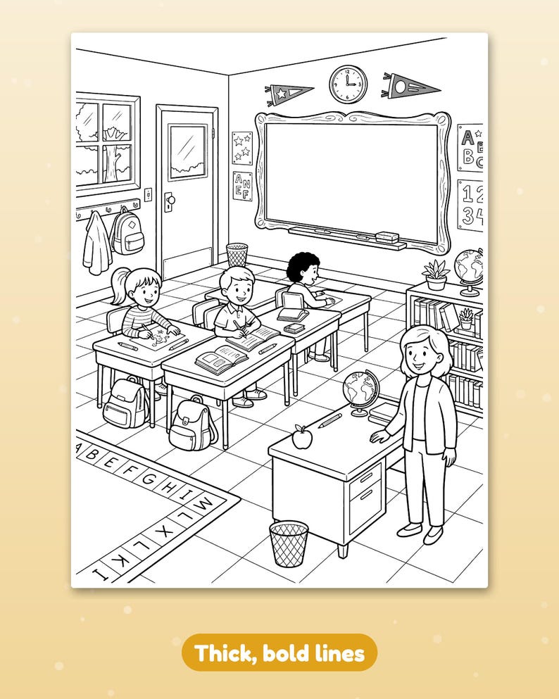 Puede incluir: Una ilustraci&oacute;n de p&aacute;gina para colorear en blanco y negro de un aula con un profesor junto a un escritorio, estudiantes en sus pupitres, una pizarra grande, un globo terr&aacute;queo, una ventana, una puerta y una alfombra con las letras A a la I.