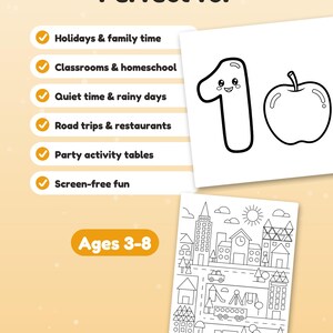 May include: A coloring activity sheet featuring the text Perfect for, a list of uses, and the text Ages 3-8. One sheet shows a cartoon number one and an apple. The other sheet displays a black and white line drawing of a city scene with buildings, trees, a sun, and vehicles.