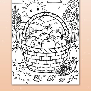 May include: A black and white coloring page featuring a woven basket filled with smiling apples. The scene includes a happy sun, sunflowers, pumpkins, and wheat stalks. The text at the bottom reads Big spaces for little hands.