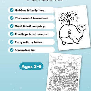 May include: A coloring activity set featuring two white pages with black line art. One page shows a whale spouting water, and the other depicts a sunken ship underwater. Text includes "Perfect for" and "Ages 3-8" with a list of activities.
