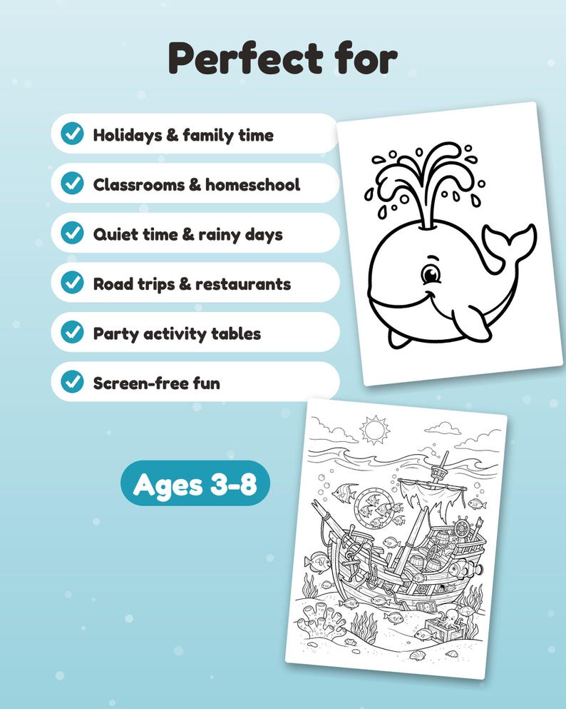 May include: A coloring activity set featuring two white pages with black line art. One page shows a whale spouting water, and the other depicts a sunken ship underwater. Text includes "Perfect for" and "Ages 3-8" with a list of activities.