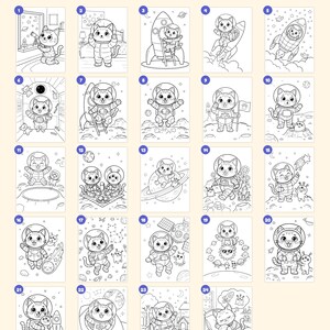 May include: A collection of 24 black and white coloring pages featuring cats in space suits, rockets, planets, and stars. The top text reads Everything you get: 24 pages and the bottom text reads + cover "This book belongs to" page &middot; closing page.