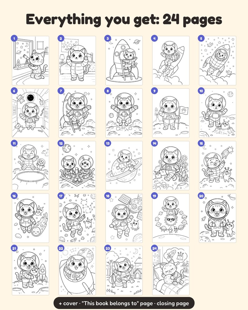May include: A collection of 24 black and white coloring pages featuring cats in space suits, rockets, planets, and stars. The top text reads Everything you get: 24 pages and the bottom text reads + cover "This book belongs to" page &middot; closing page.
