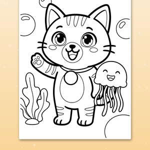 May include: A black and white coloring page featuring a cartoon cat waving its paw, standing next to a smiling jellyfish. The scene includes seaweed and bubbles, with the text Trace the letter printed at the bottom of the page.
